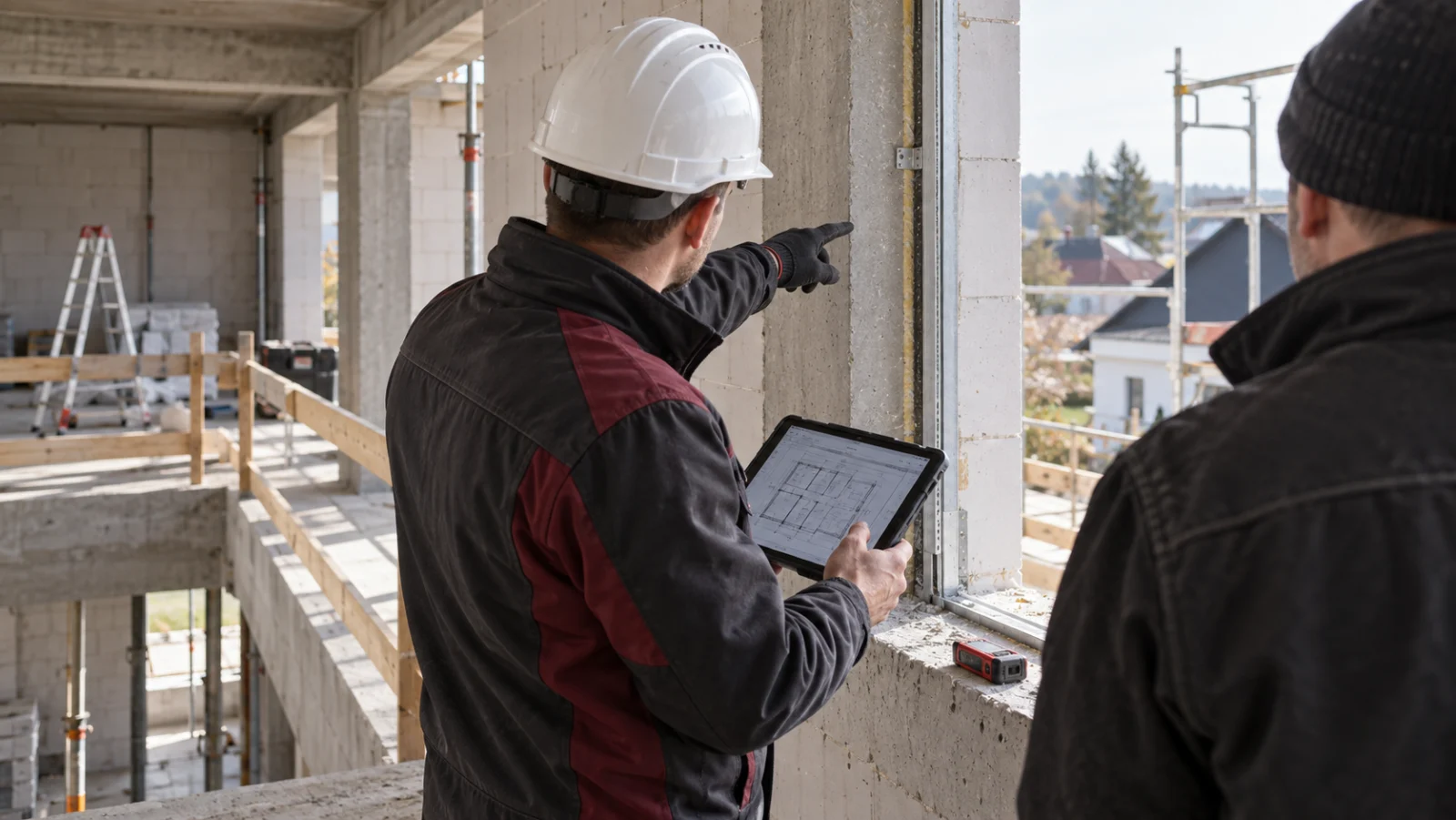 Bauleiter prüft mit Tablet und Messgerät ein Fensterdetail im Rohbau; KI-generiertes Symbolbild.