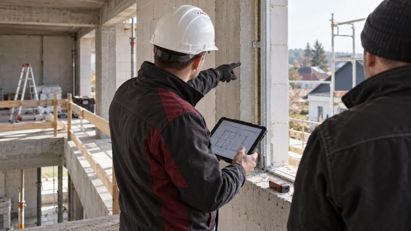 Bauleiter prüft mit Tablet und Messgerät ein Fensterdetail im Rohbau; KI-generiertes Symbolbild.