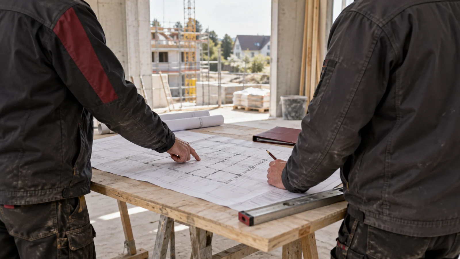 Zwei Fachkräfte besprechen einen Bauplan auf einer Baustelle; KI-generiertes Symbolbild.